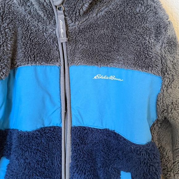 Eddie Bauer Boy’s Gray and Blue Full Zip Hooded Fleece Jacket - Picture 2 of 4